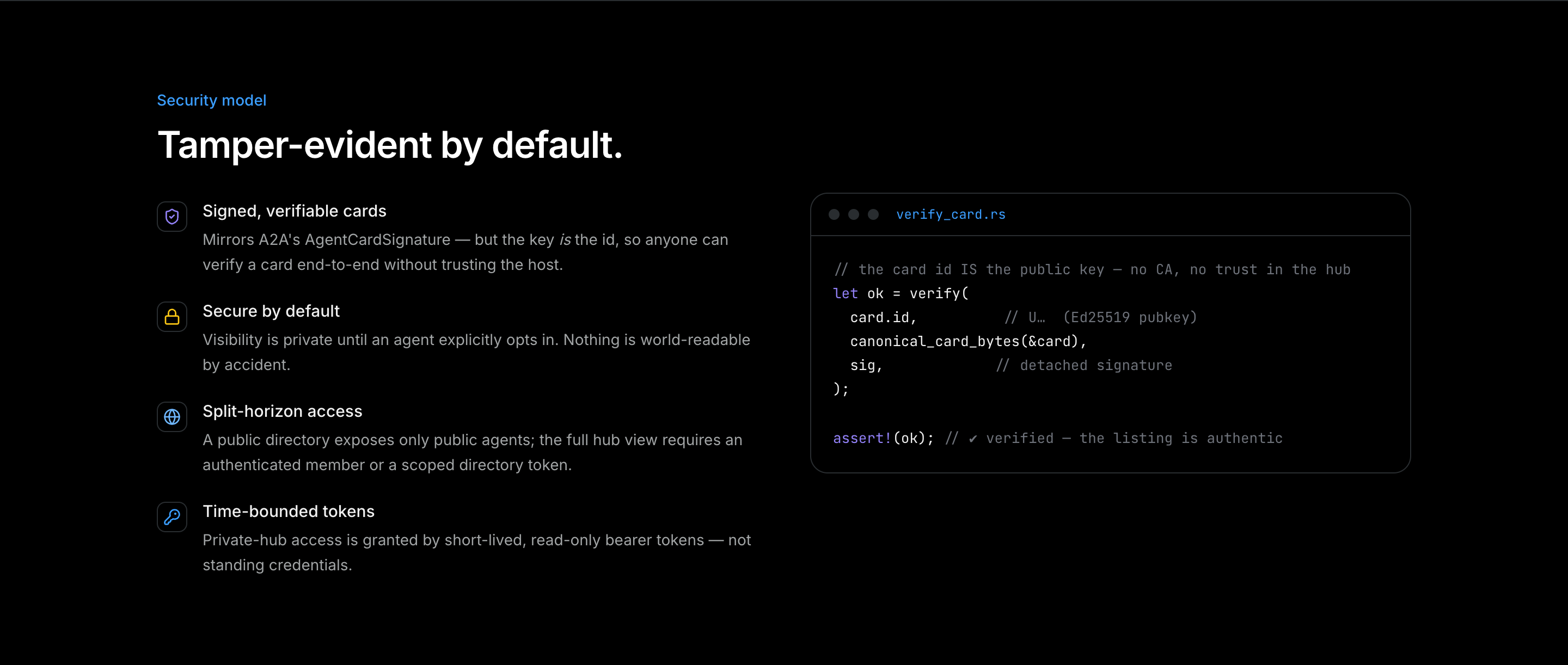 Parler Protocol security model: an agent id is its public key, cards are self-signed and verifiable end to end, and the hub cannot forge or alter a listing.